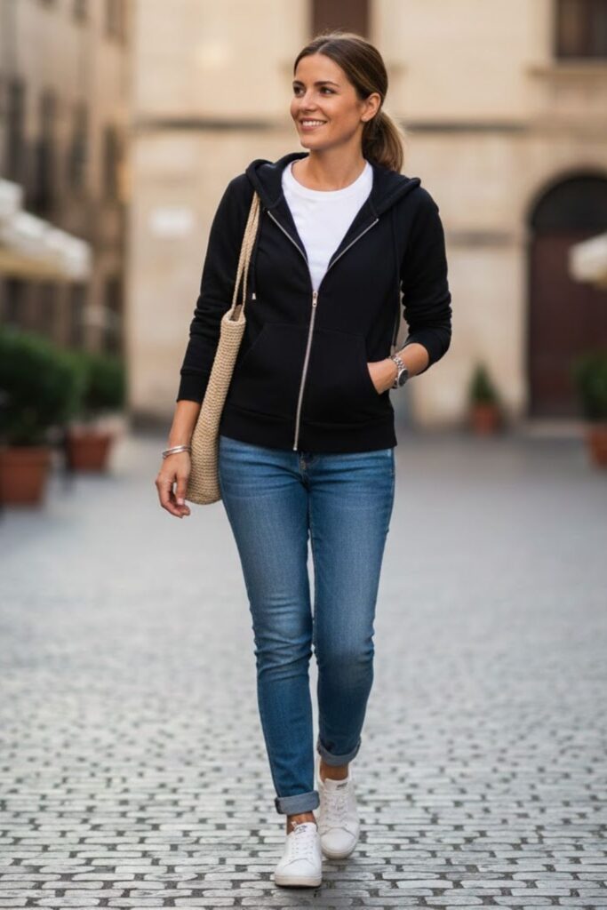 1. Black Zip Up Hoodie with White T-Shirt and Blue Jeans