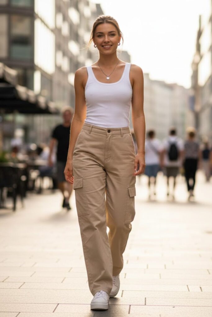 1. Cargo Pants With a Fitted White Tank
