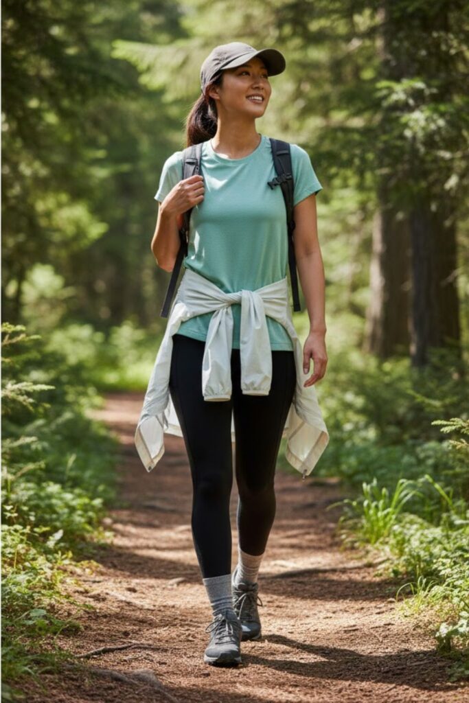 1. Classic Leggings with Moisture-Wicking Tee and Trail Runners
