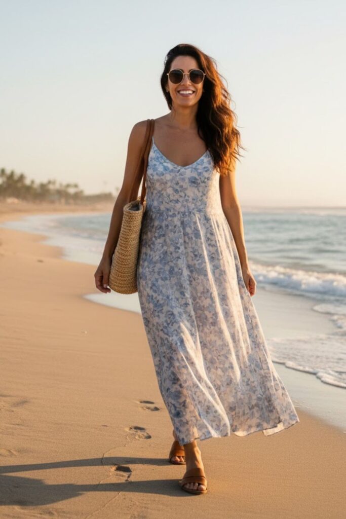 1. Flowy Maxi Dress with Flat Sandals