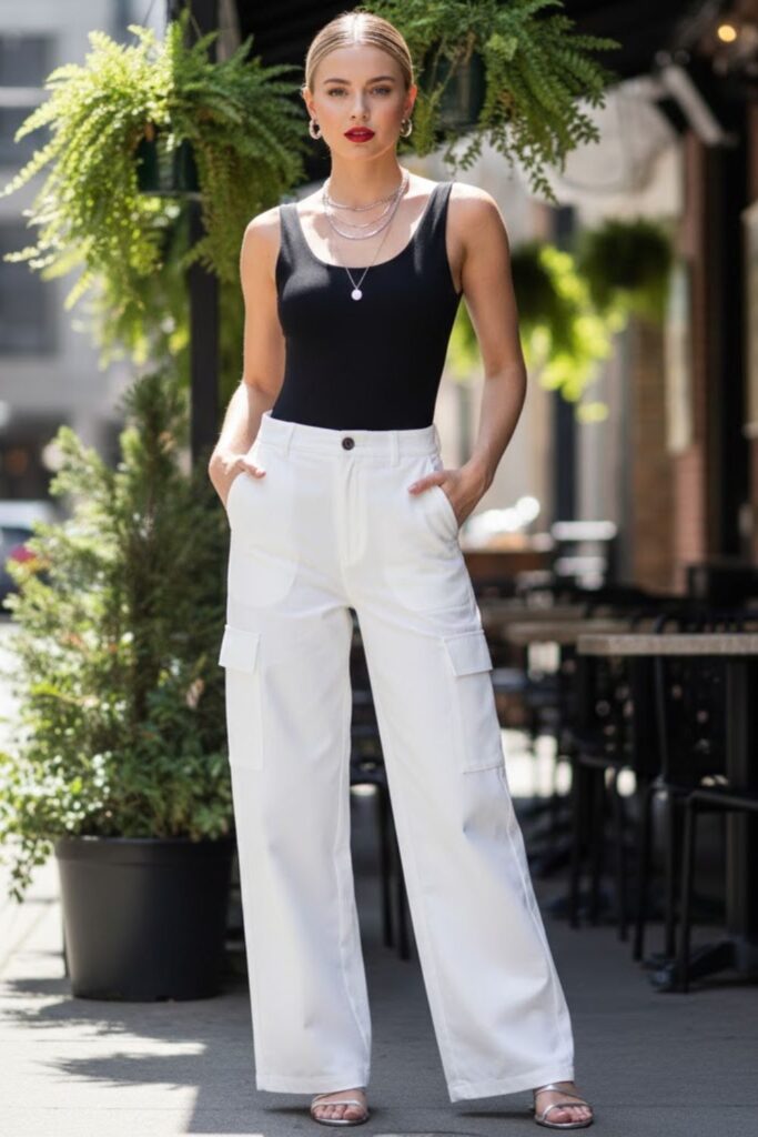 1. White Cargo Pants With a Black Bodysuit