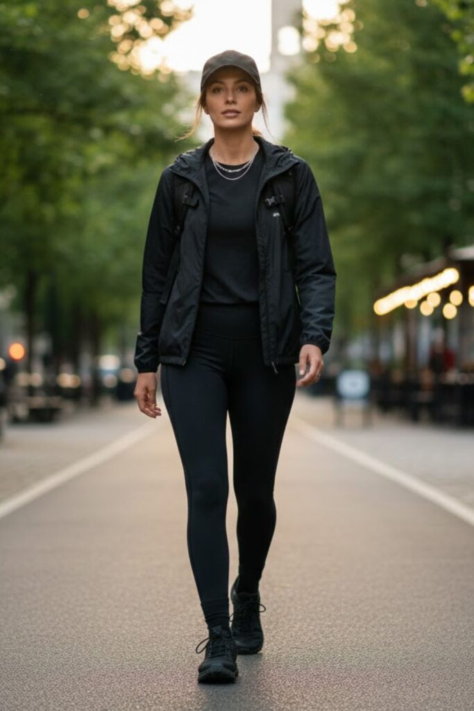 10. All-Black Leggings Outfit with Windbreaker and Trail Runners