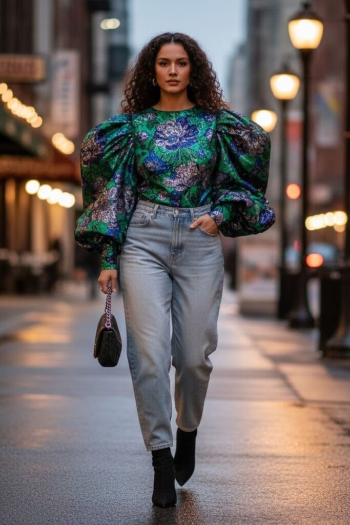 10. Baggy High-Waisted Jeans with Statement Top