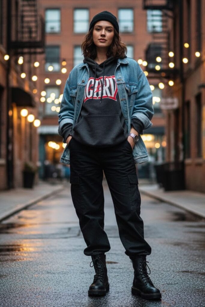 10. Black Cargo Pants With a Graphic Hoodie