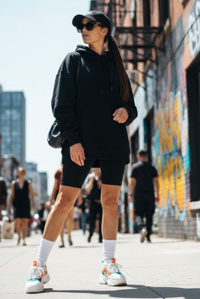 10. Black Hoodie with Biker Shorts and Chunky Trainers