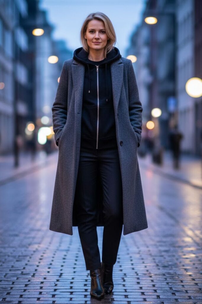 10. Black Zip Up Hoodie with Overcoat