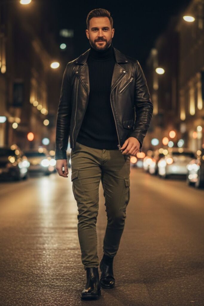 10. Green Cargo Pants with a Black Turtleneck and Chelsea Boots