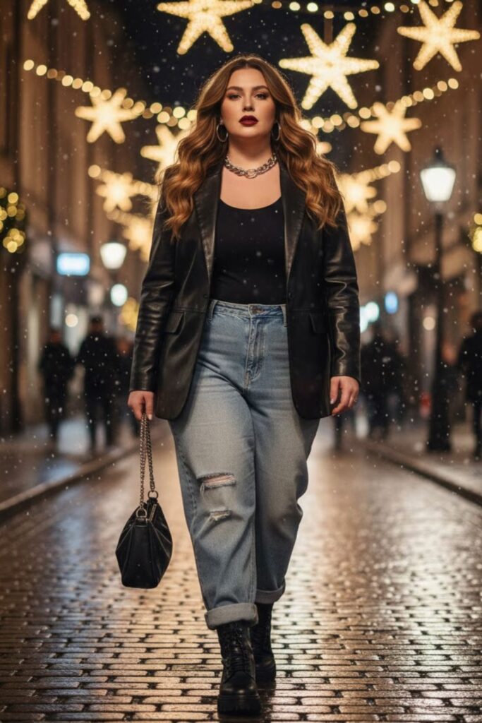10. Leather Blazer with Baggy Jeans