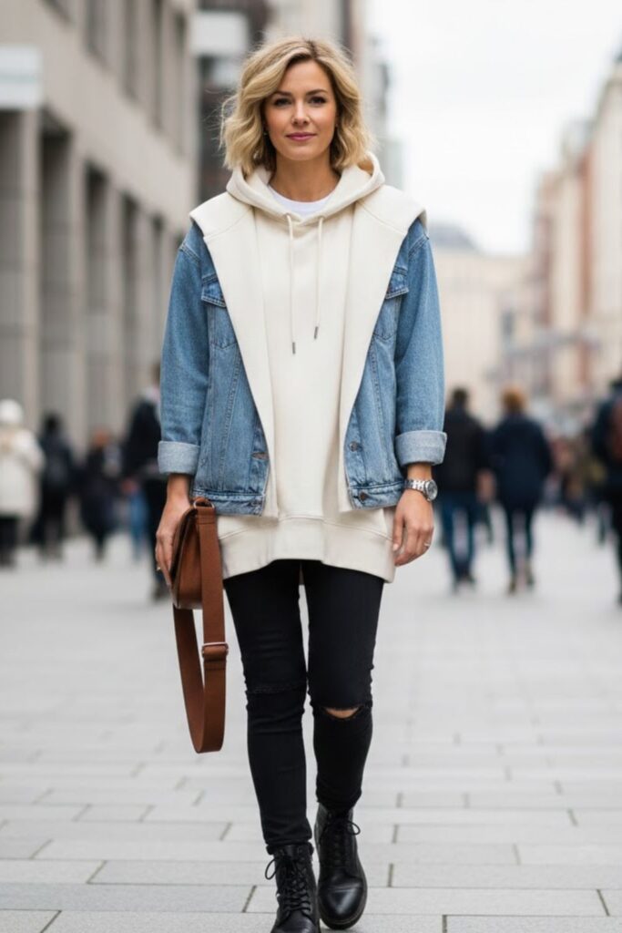 10. Oversized Hoodie with Denim Jacket