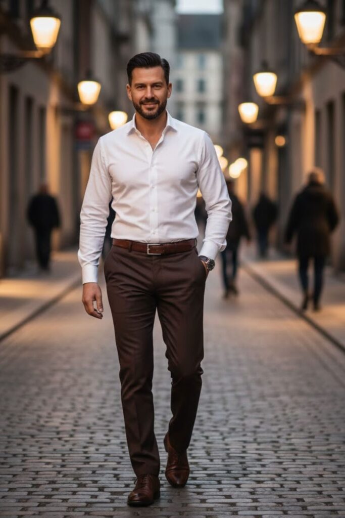 10. White Button-Down With Dark Brown Trousers