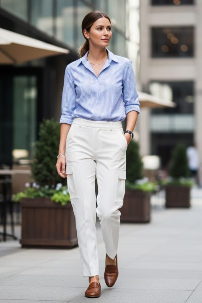 10. White Cargo Pants With a Button-Down Shirt