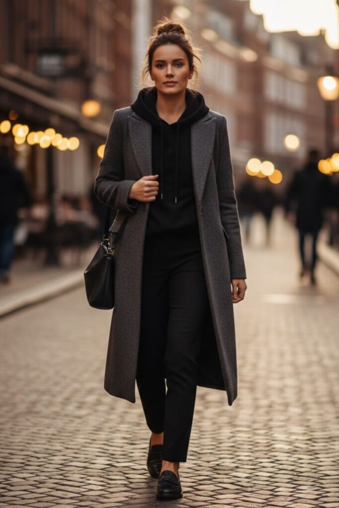 11. Black Hoodie with Overcoat and Dress Shoes