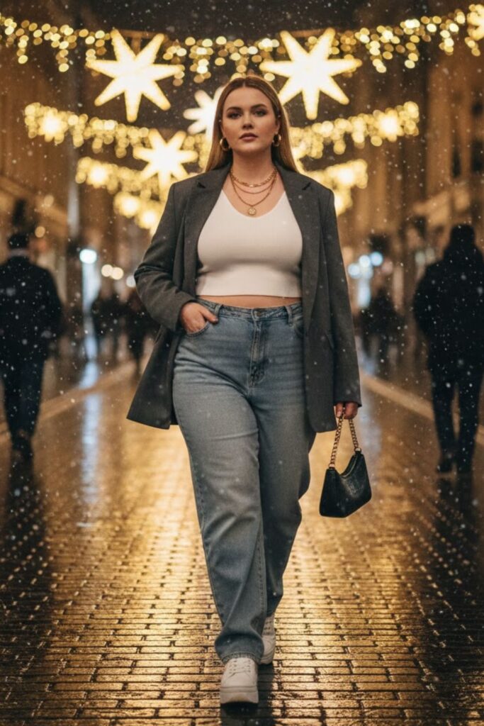 11. Blazer with Baggy Jeans and Crop Top