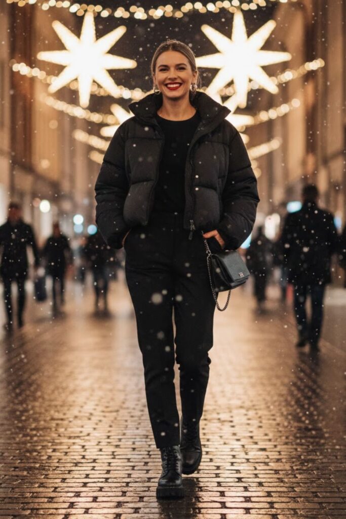 11. Casual Black Trousers with a Puffer Jacket