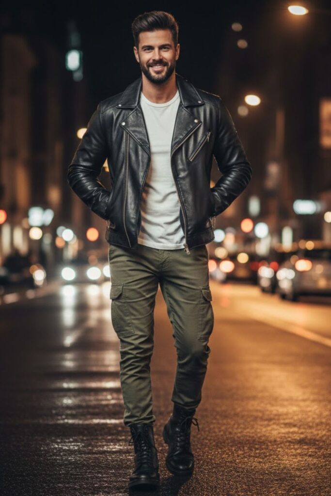 11. Green Cargo Pants with a Leather Jacket