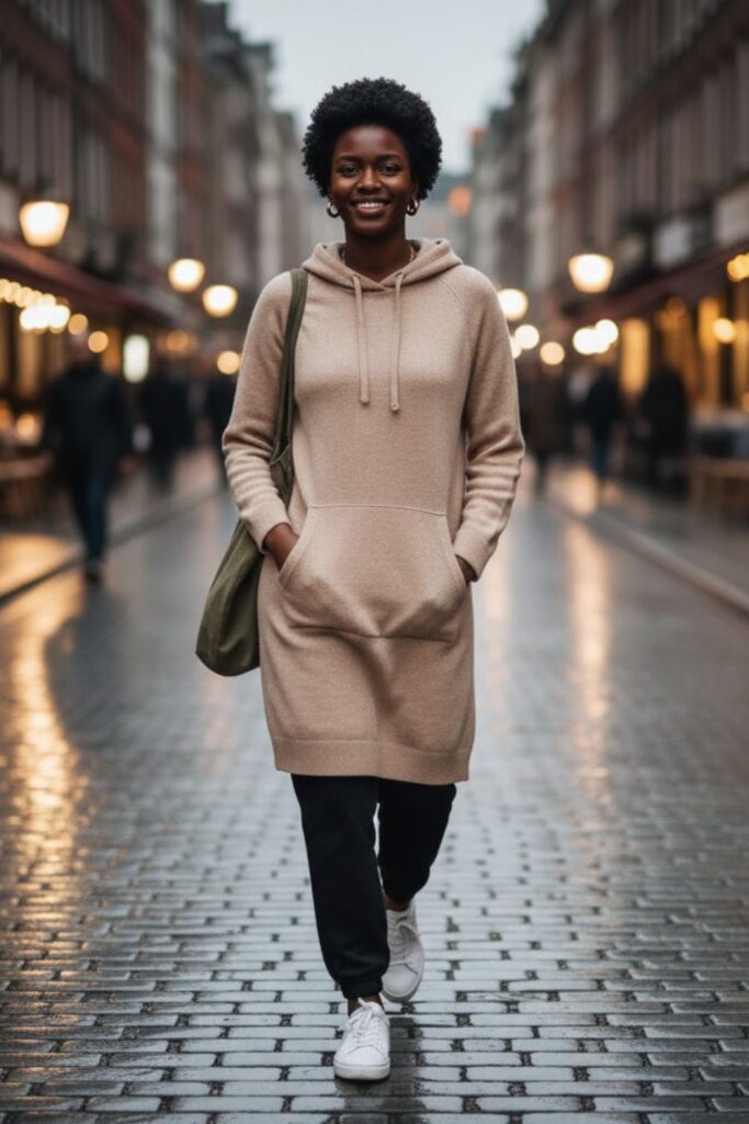 11. Knit Hoodie Dress and Sneakers