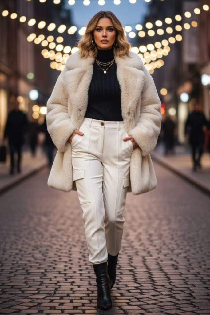 11. White Cargo Pants With a Faux Fur Coat