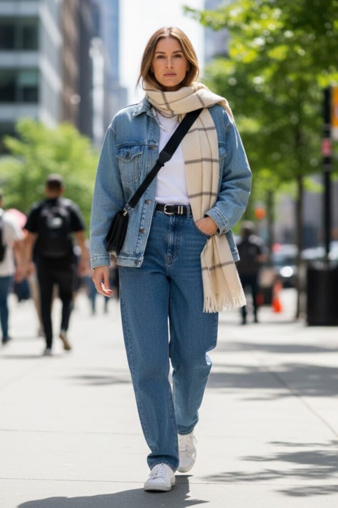 12. Baggy High-Waisted Jeans with Denim Jacket