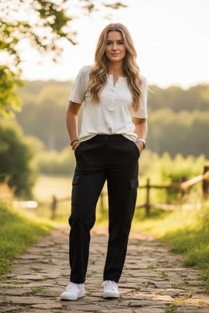 12. Black Cargo Pants With a Short-Sleeve Henley Shirt