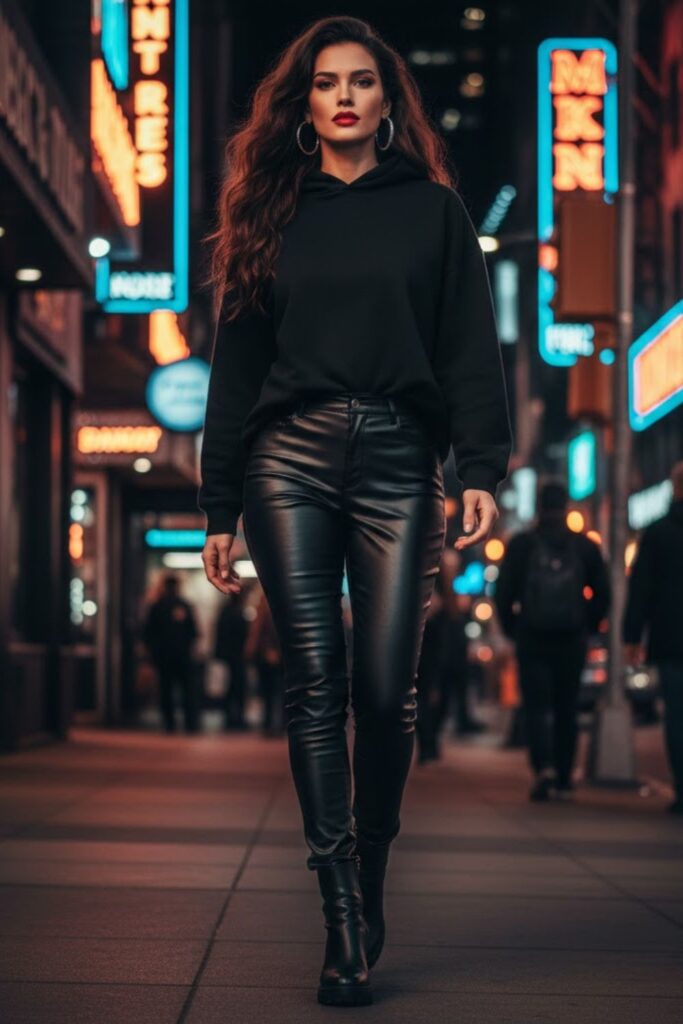 12. Black Hoodie with Leather Pants and Heeled Boots