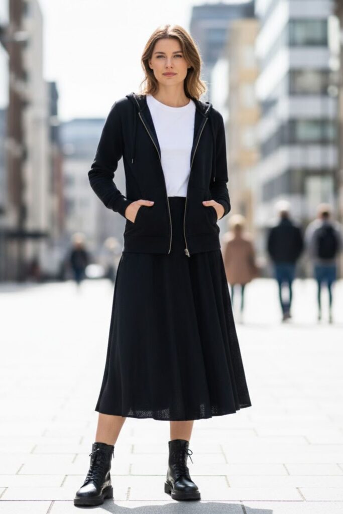 12. Black Zip Up Hoodie with Skirt and Boots