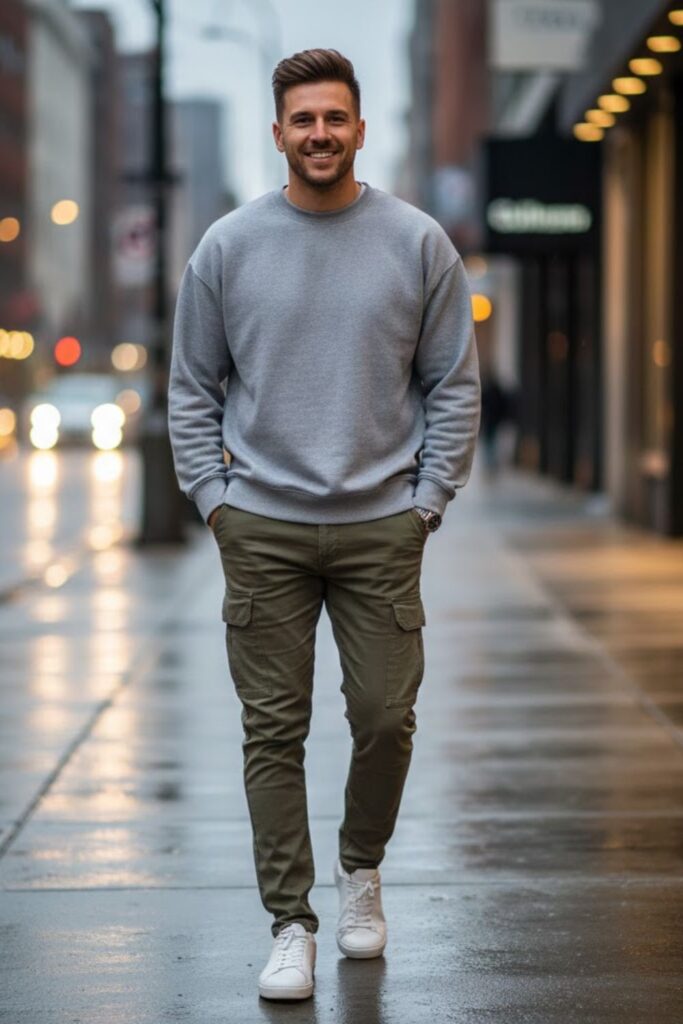 12. Green Cargo Pants with a Crewneck Sweatshirt