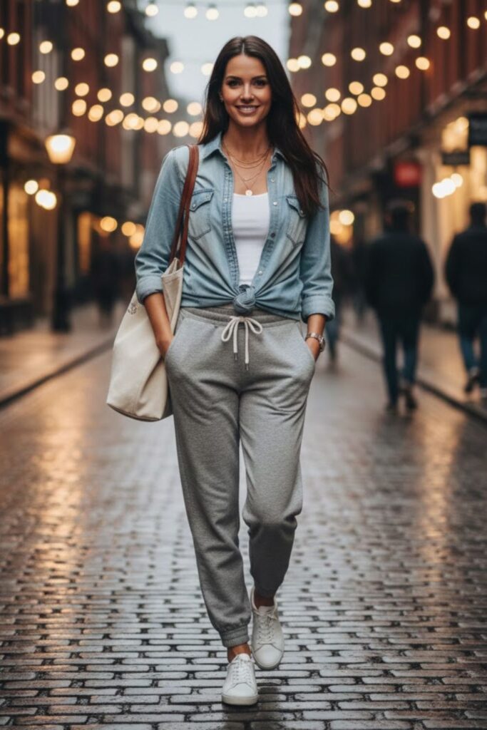 12. Grey Sweatpants with a Denim Shirt