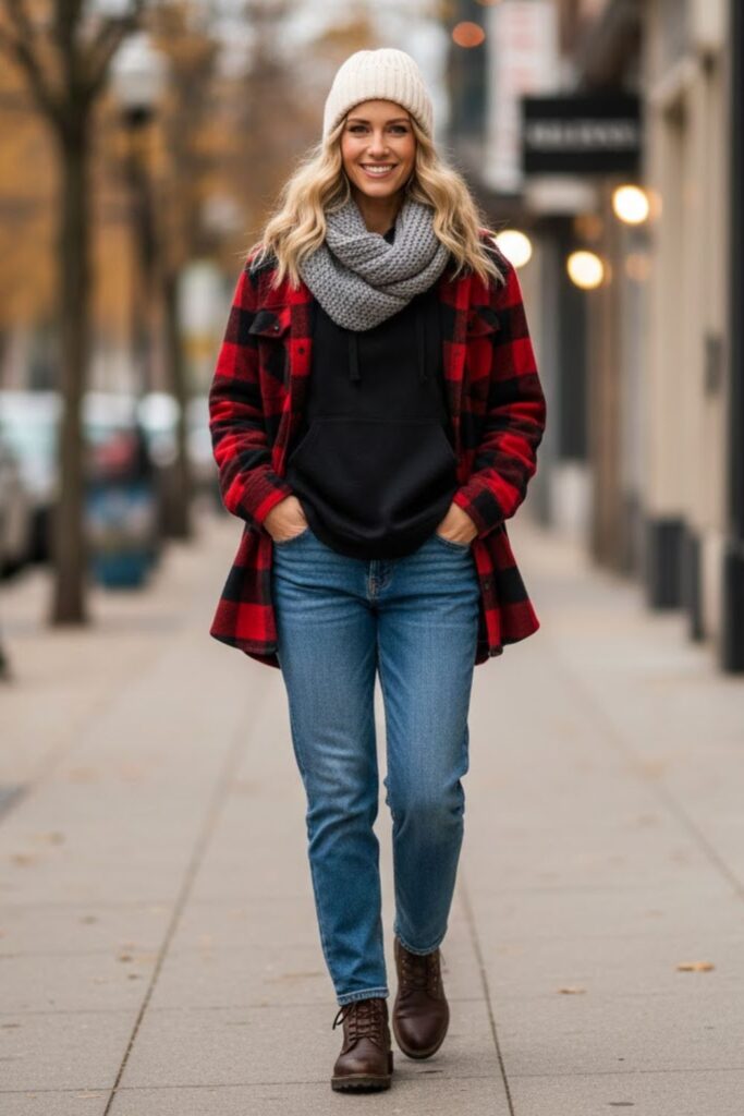 13. Black Hoodie with Flannel Shirt and Denim Jeans