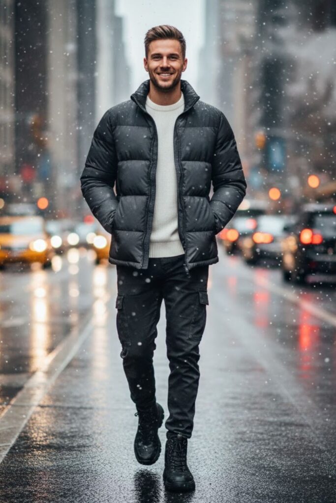 13. Cargo Pants With a Puffer Jacket