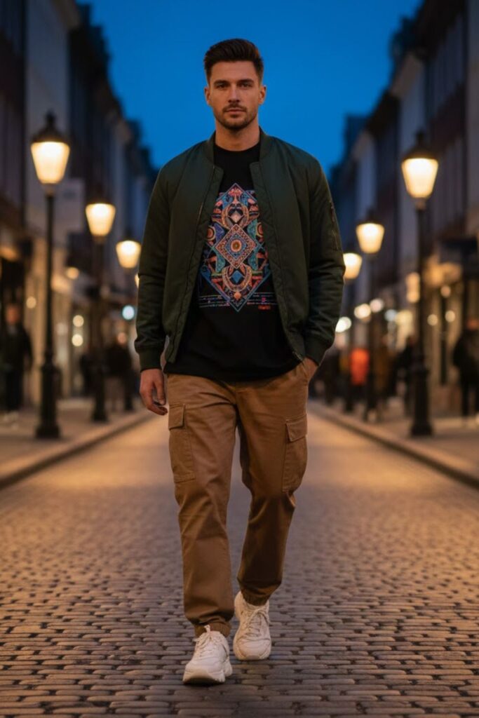 13. Graphic Tee With Brown Cargos