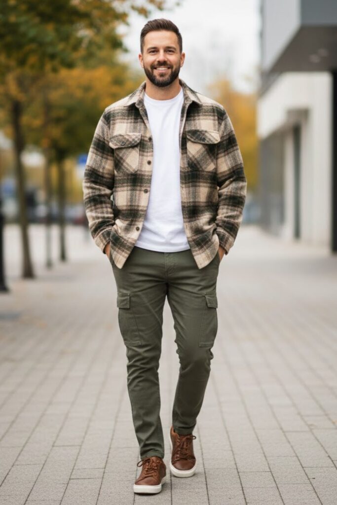 13. Green Cargo Pants with a Plaid Overshirt
