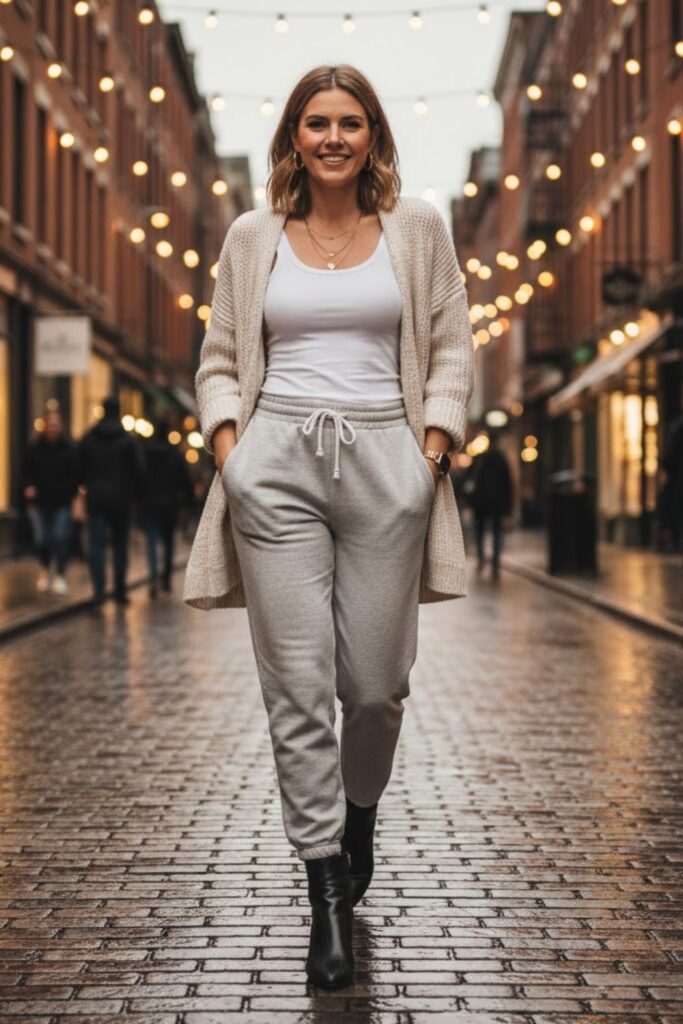13. Grey Sweatpants with a Knit Cardigan