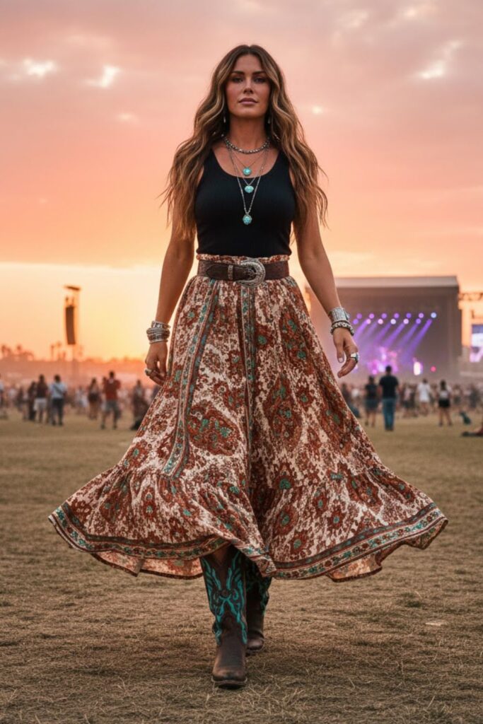 13. Maxi skirt + tank top + belt + boots