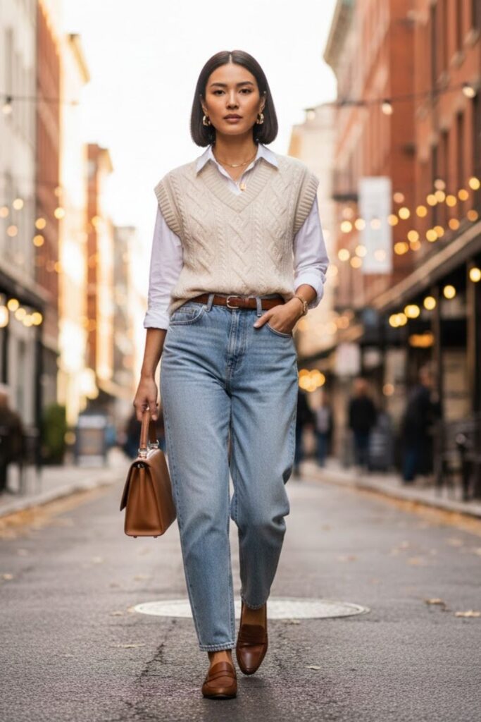 14. Baggy High-Waisted Jeans with Sweater Vest