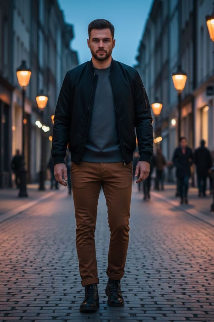 14. Black Bomber Jacket With Brown Pants