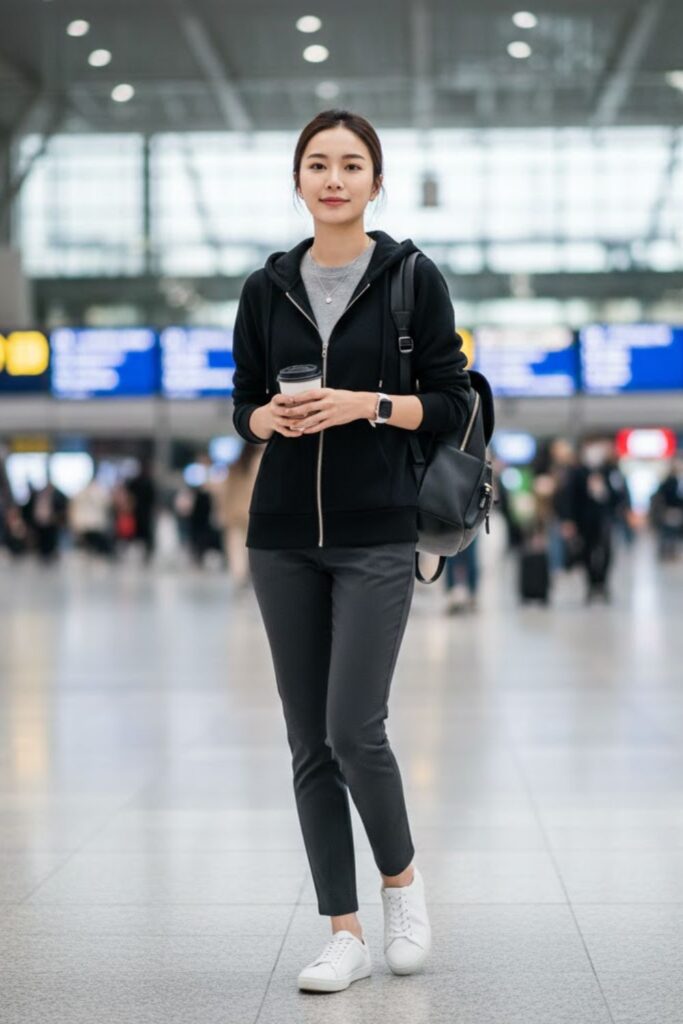 14. Black Zip Up Hoodie with Backpack and Sneakers