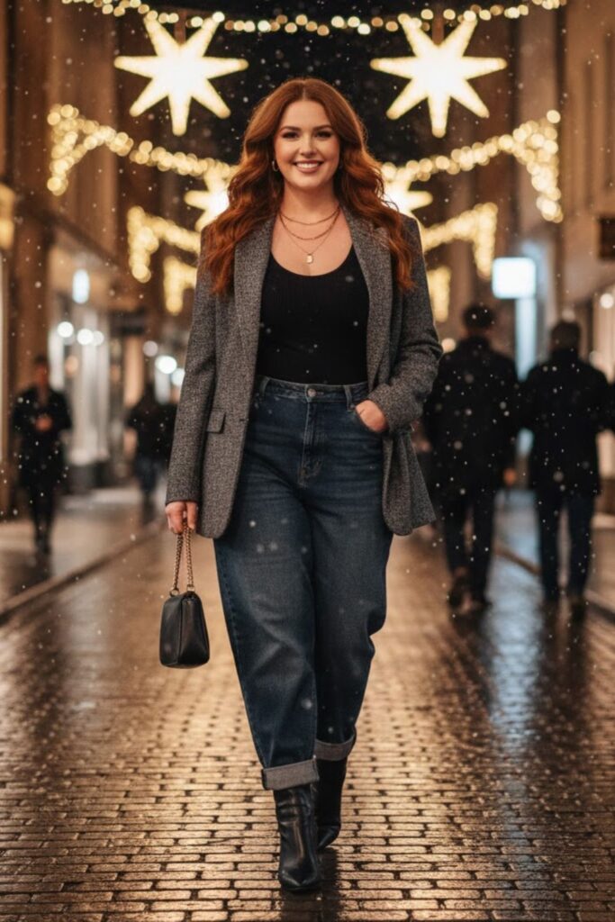 14. Blazer with Baggy Jeans and Heeled Boots