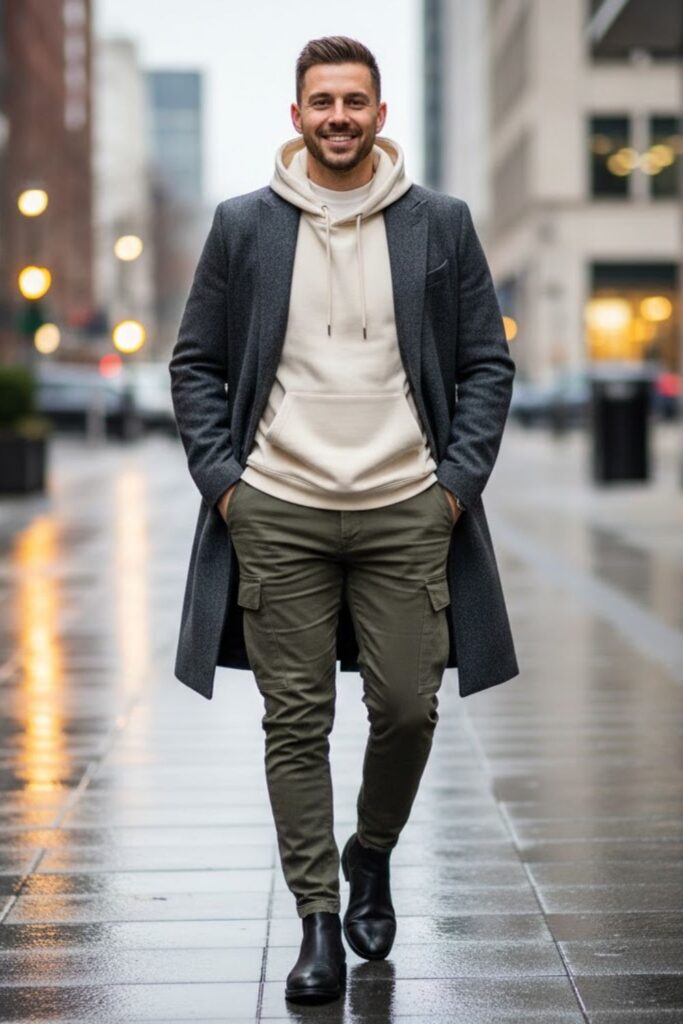 14. Green Cargo Pants with a Neutral Hoodie and Longline Coat