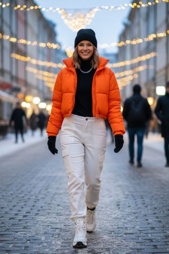 14. White Cargo Pants With a Cropped Puffer Jacket