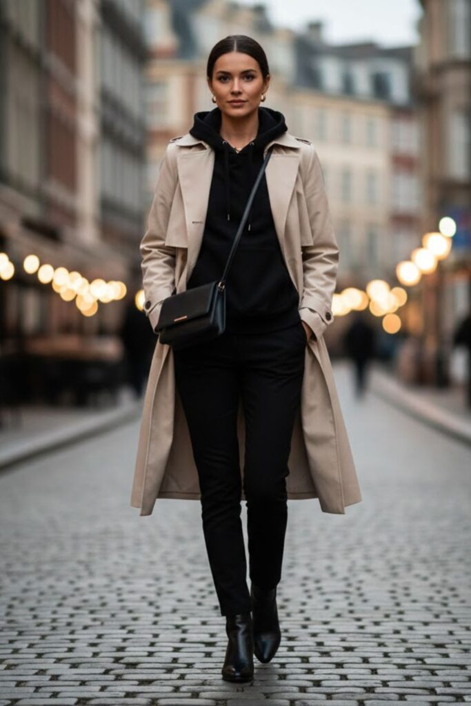 15. Black Hoodie with Trench Coat and Chelsea Boots