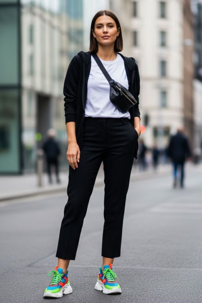 15. Black Zip Up Hoodie with Statement Shoes