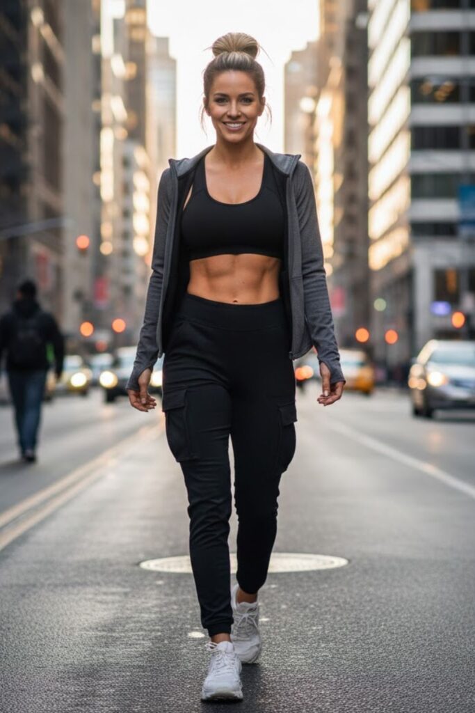 15. Cargo Pants With a Sports Bra and Zip-Up Jacket