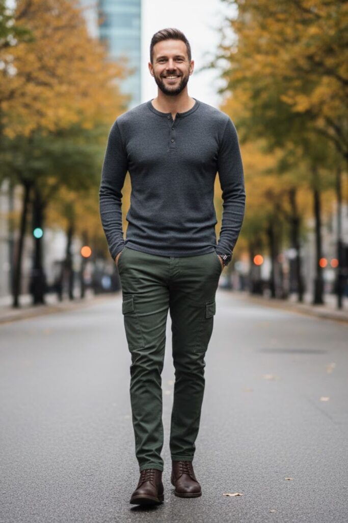 15. Green Cargo Pants with a Henley Shirt