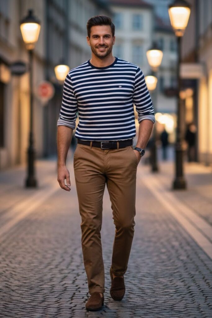 15. Striped Sweater With Tan Chinos