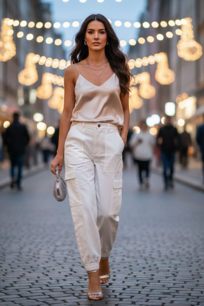 15. White Cargo Pants With a Satin Camisole