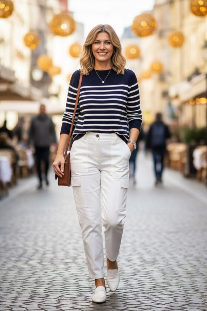 16. White Cargo Pants With a Striped Sweater