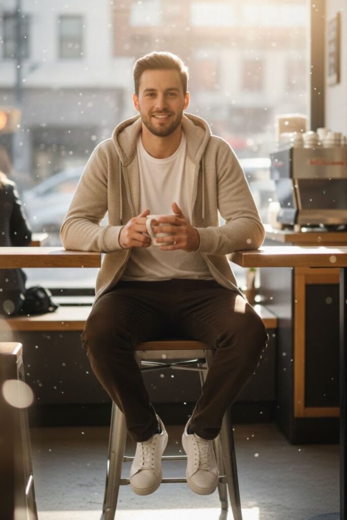 17. Beige Hoodie With Dark Brown Pants