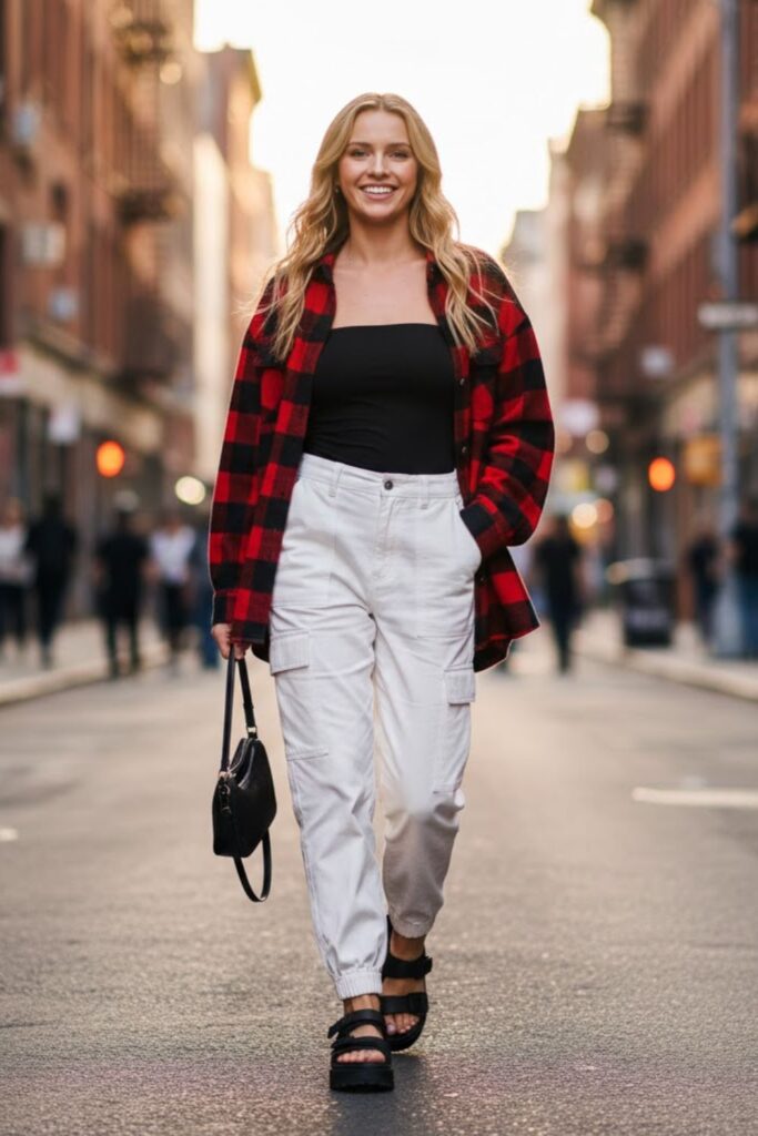 17. White Cargo Pants With a Tube Top and Overshirt