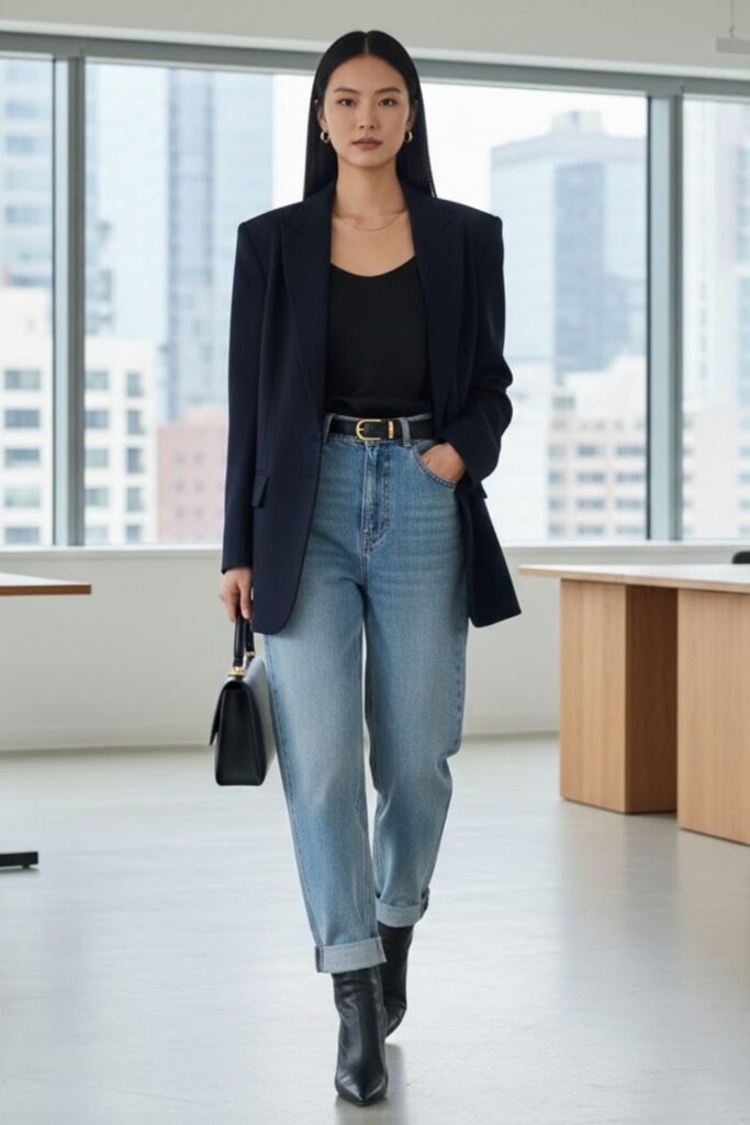 2. Baggy High-Waisted Jeans with Oversized Blazer