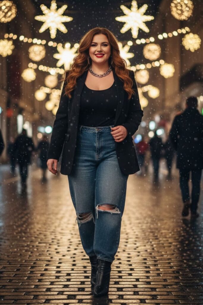 2. Black Blazer and Distressed Baggy Jeans